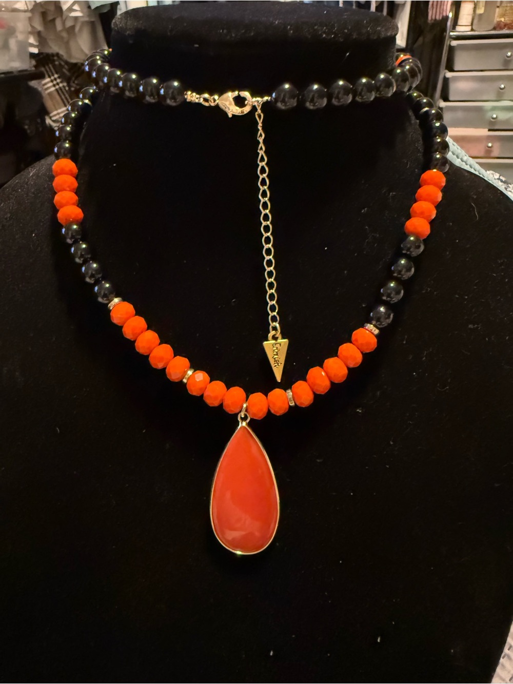 Erimish Orange-and Black Teardrop Bead Necklace with Gold Accents